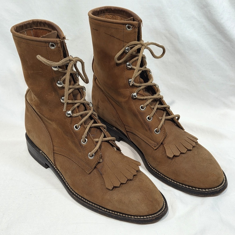 Vintage Cowtown Leather Packer Boots Mens 10 Tan Kiltie Fringe Lace Up Western